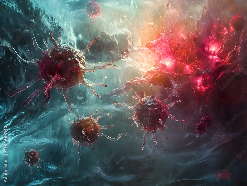 Poster Abstract depiction of colorful microorganisms in a surreal environment, showcasing the intricate beauty and complexity of microscopic life forms and their interactions