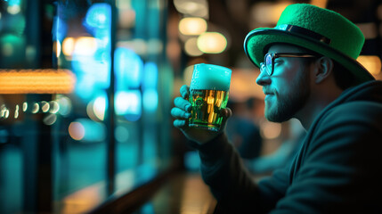 A blurred man donning a green leprechaun hat toasting with a pint of green beer, surrounded by the vibrant energy of a lively Saint Patrick's Day pub.