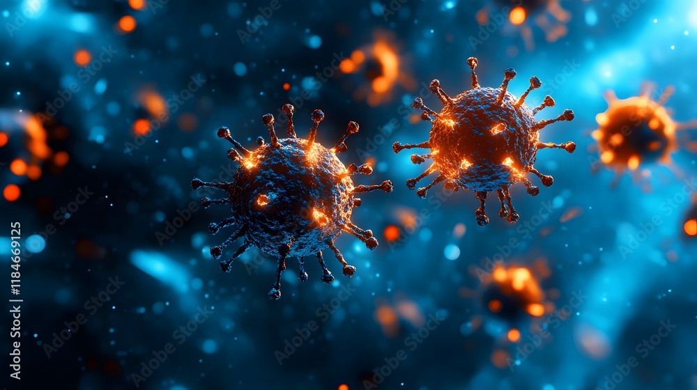 Poster Microscopic View of Virus Particles Under a Digital Microscope, Showcasing Vibrant Colors and Intricate Details in an Abstract Biological Environment
