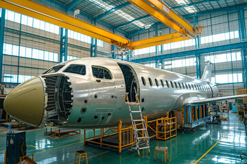 Large Commercial Airplane Under Construction In Modern Aircraft Manufacturing Facility
