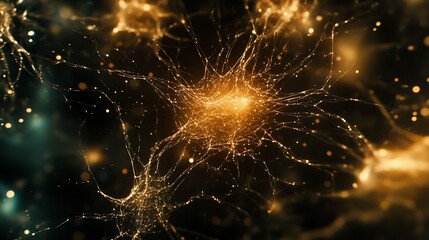 Abstract glowing neural network structure with small particles.