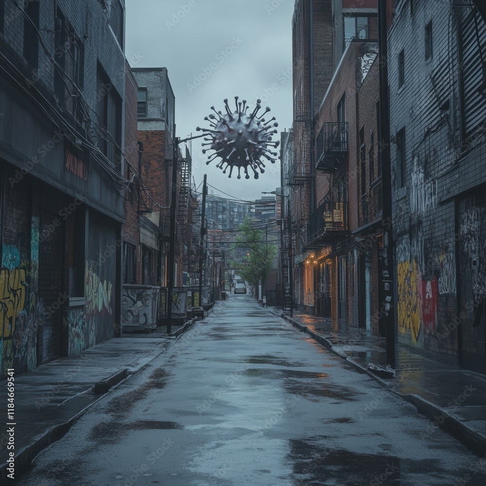 Poster Empty urban street transformed by a giant virus motif hovering above in a moody atmosphere during twilight. Generative AI
