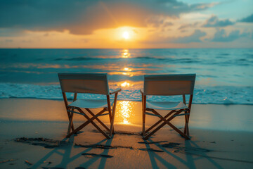 Serene Beach Sunset with Two Empty Chairs on the Shoreline