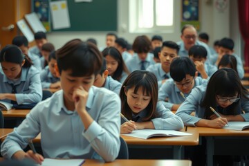 Obraz premium a group of students sitting at desks in a classroom