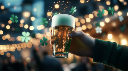 A blurred celebrant in a green leprechaun hat raises a frothy pint of green beer, Irish flags and shamrock garlands creating a festive Saint Patrick's Day environment.