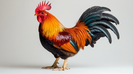 Fototapeta premium Colorful Rooster Standing with Bright Feathers and Red Comb