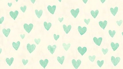 Whimsical pattern of tiny mint green hearts on soft beige background, creating playful and cheerful atmosphere perfect for various design projects