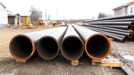 Four Large Steel Pipes on a Construction Site