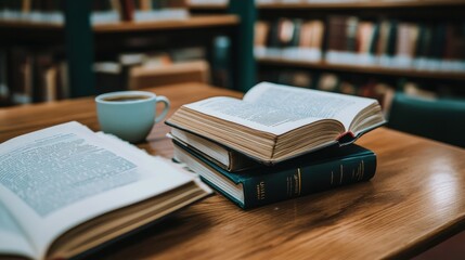A close-up of a stack of open books on a wooden table in a library, with a cup of coffee beside it and a warm, inviting atmosphere for reading.