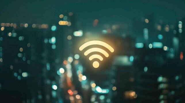 Glowing Wi-Fi symbol over blurred cityscape at night. - Powered by Adobe