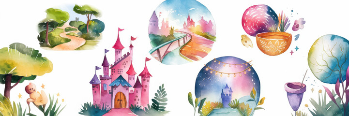 Fototapeta premium Enchanting Watercolor Fairytale Castle Magical Landscapes Fantasy Elements