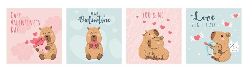 Set of adorable Valentines Day vector cards featuring cute capybaras, hearts, and romantic quotes. Perfect for greeting cards, invitations, social media posts, and gifts. Sweet and playful design.