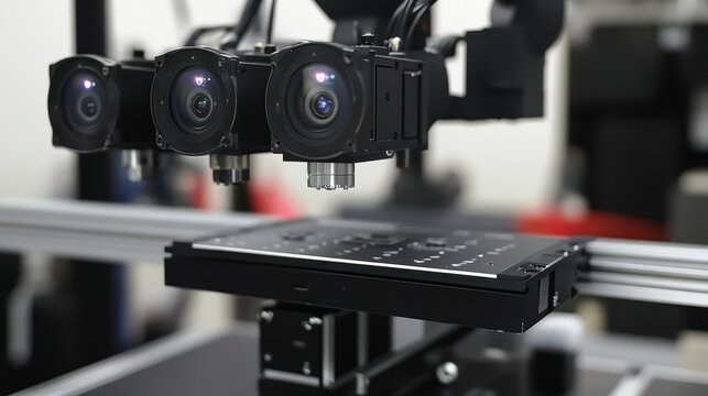 Advanced robotic vision system using multiple cameras and sophisticated algorithms for precise inspection of electronic circuit boards during manufacturing, ensuring quality control