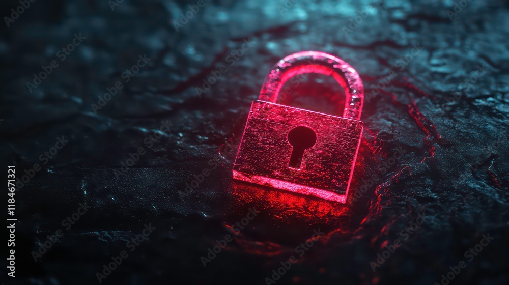 Poster glowing red padlock on dark textured surface.