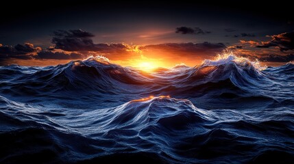 Dramatic ocean waves at sunset.