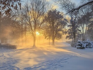 Winter Sunrise Illuminates Snow Covered Park Trees
