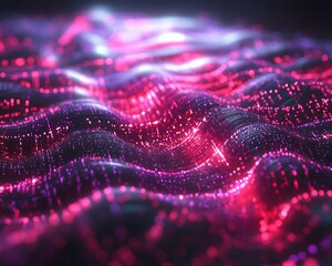 A bio-digital AI core emitting soft red and violet waves of light under a tech-glow ambiance.