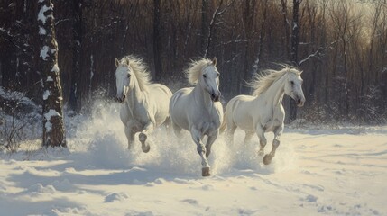 Fototapeta premium White Horses Galloping Through Snowy Forest in Winter