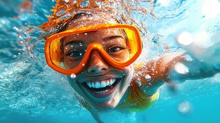 Naklejka premium A joyful swimmer wearing orange goggles smiles underwater, capturing a moment of fun and adventure in a vibrant aquatic setting.