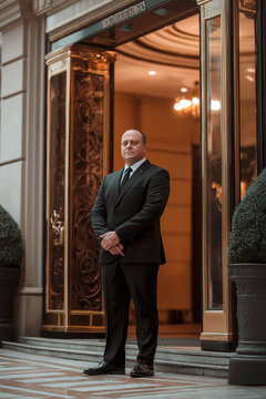 A professional bodyguard in a tailored black suit standing guard near a luxury hotel entrance, scanning the area attentively.