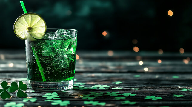 A colorful green cocktail adorned with lime and a shamrock stirrer glows on a rustic table scattered with shamrock-shaped confetti, setting the perfect festive mood for Saint Patri