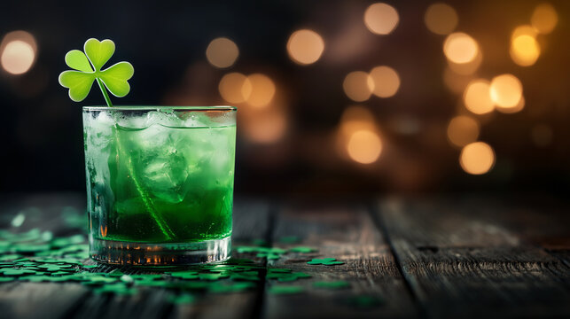 A colorful green cocktail adorned with lime and a shamrock stirrer glows on a rustic table scattered with shamrock-shaped confetti, setting the perfect festive mood for Saint Patri