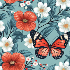 Colorful floral pattern featuring a butterfly among vibrant flowers on a teal background.