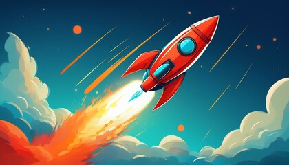 the cartoon illustration of a red rocket flying through the blue sky leaving a trail of fire is a symbol of space exploration and speed