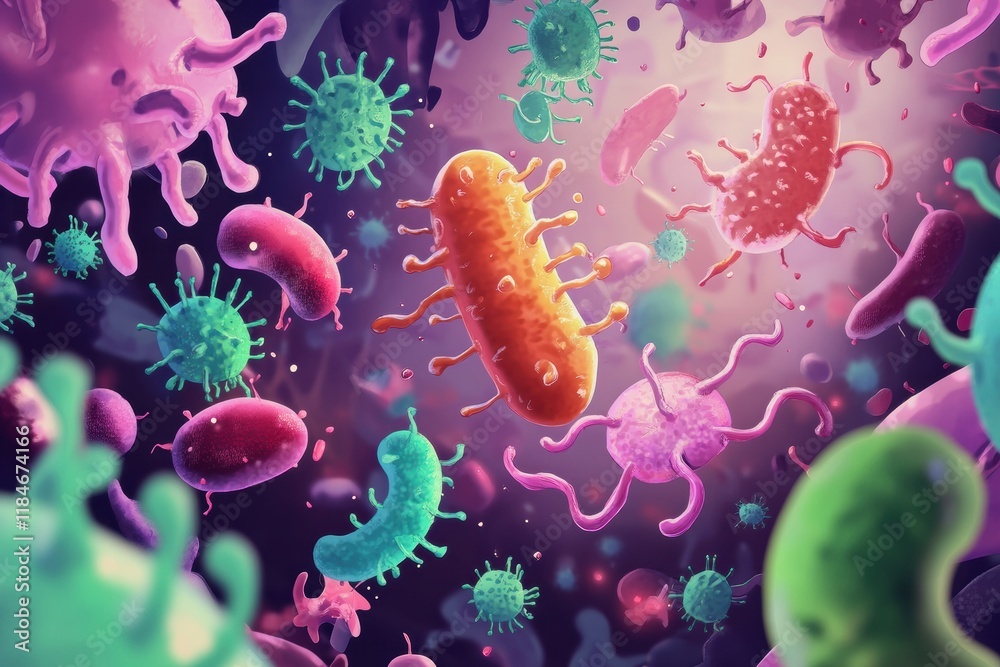 Poster cartoon style bacteria engage in battle with antibodies in a colorful microscopic world. generative 