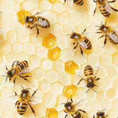 Bees working on honeycomb, showcasing natural patterns and textures in a vibrant, organic setting.