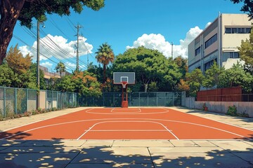 A serene outdoor basketball court surrounded by greenery and buildings under a clear blue sky.