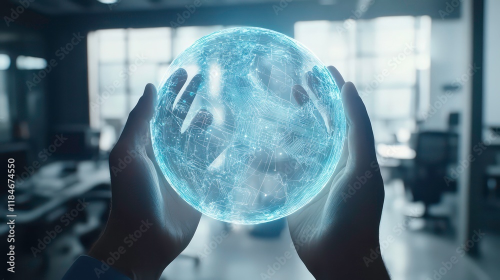 Aufkleber Hands holding a glowing sphere with network connections, symbolizing global connectivity and innovation in a modern office setting.