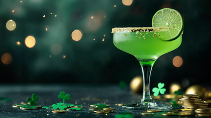 A luminous green cocktail garnished with a juicy lime wheel and a shamrock rests on a table covered in clover confetti and shimmering gold coins, exuding Saint Patrickâs Day spirit