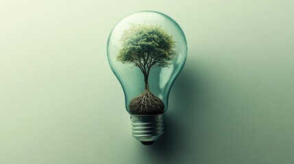 Tree Growing Inside a Light Bulb with Roots Visible