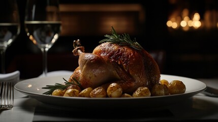 Roasted chicken with rosemary and potatoes served on a white plate in a restaurant
