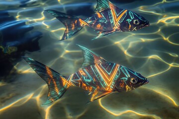 Triangular fish with sharp, glowing patterns resembling neon tattoos, darting swiftly through clear waters.