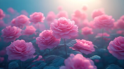 Obraz premium Dreamy pink rose garden in soft light.