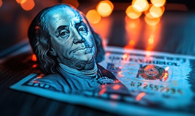 A close-up of a hundred-dollar bill with a blurred background of warm lights.
