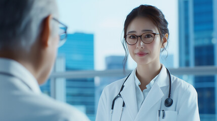 In a state-of-the-art hospital, a female doctor attentively conducts a stethoscope exam on a senior man, her caring approach underscored by the serene medical surroundings.