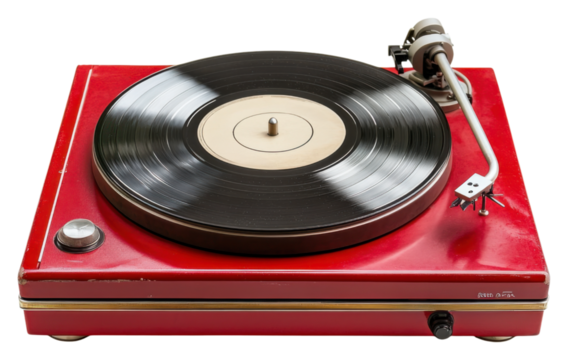 PNG A vintage red record player with a black vinyl record resting on it, featuring a central label and a tonearm ready to play.