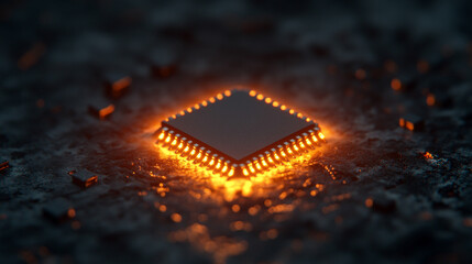 A lone glowing microchip on a blank white surface, representing the essence of innovation, with blurred space for text, highlighting a symbol of technology's transformative power