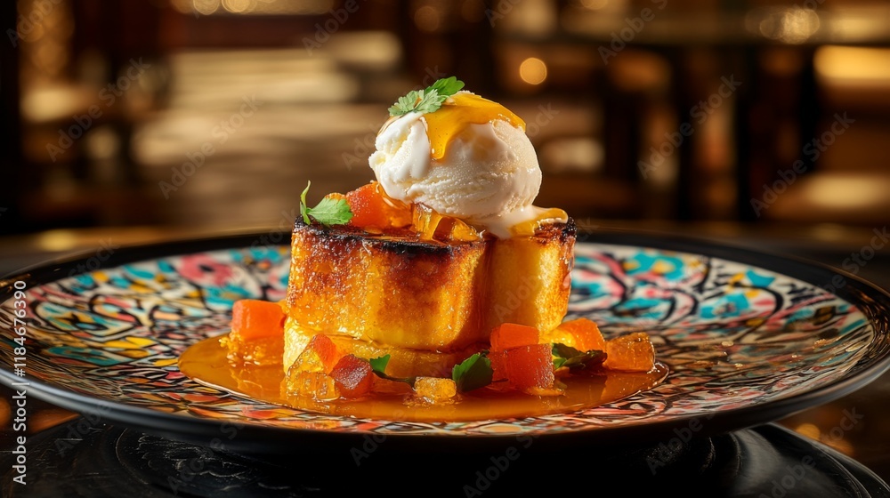 Poster an artistic arrangement of honey toast served on a patterned plate, with a scoop of ice cream meltin