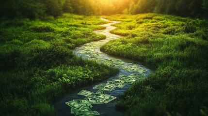 Money floats down a lush, green stream.