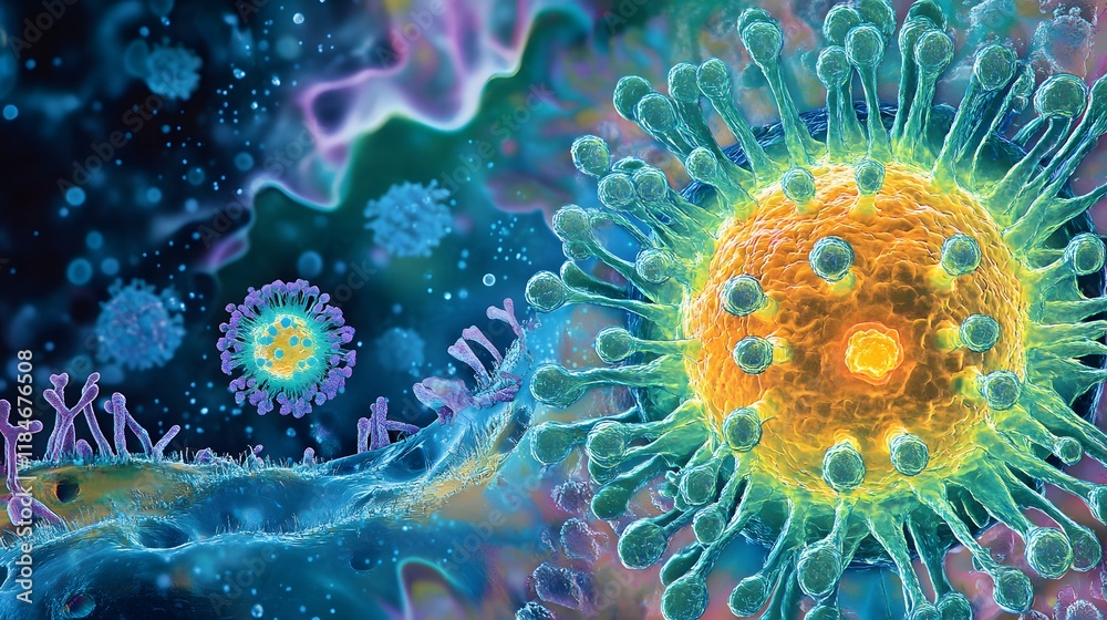 Poster Intricate Visualization of Viruses Under a Microscope with Colorful Details Shows Their Complex Structure and Interaction with Cellular Components in a Scientific Context