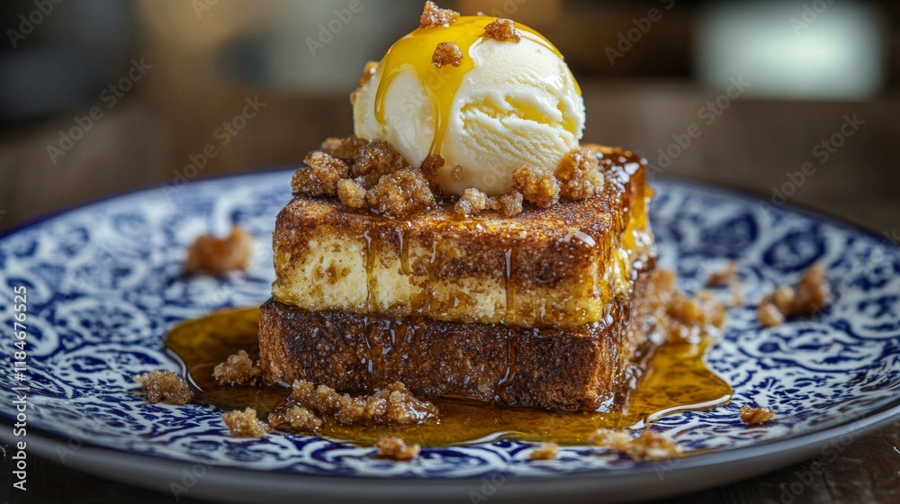 Poster an artistic arrangement of honey toast served on a patterned plate, with a scoop of ice cream meltin