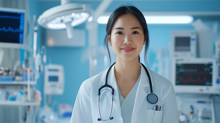 A confident young female Asian doctor stands in her bright medical office, wearing a stethoscope around her neck and a reassuring smile, surrounded by neatly arranged medical equip