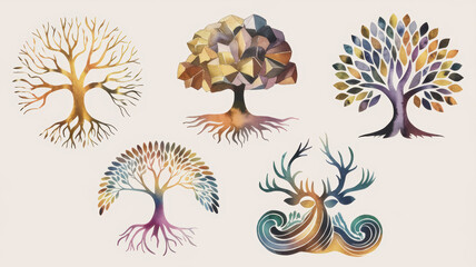 Obraz premium Watercolor Tree of Life Collection Nature Roots Crystals Spiritual Mystical
