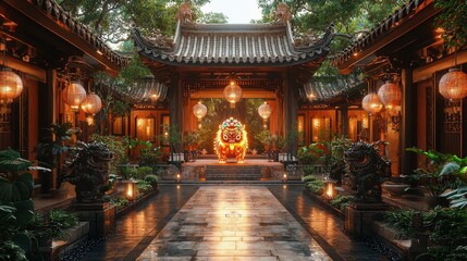 Serene Traditional Courtyard with Illuminated Lion Dance Statue
