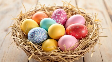 Obraz premium Colorful Easter eggs in a straw nest. Perfect for Easter cards, spring decorations, and holiday celebrations