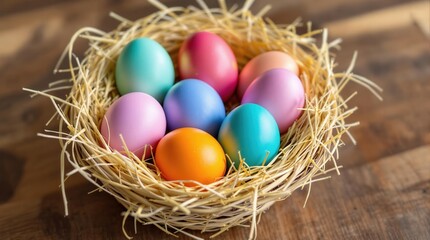 Colorful Easter eggs in a straw nest. Perfect for Easter cards, spring decorations, and holiday celebrations